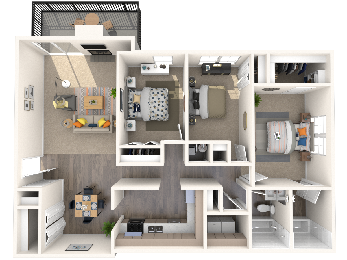 Floor plan for 3 beds, 2 baths, 1200 sqft